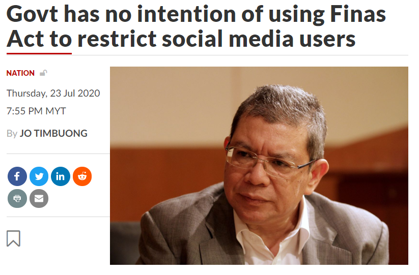 Govt has no intention of using Finas Act to restrict social media users